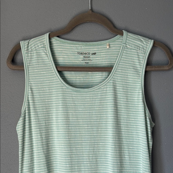 Toad&Co Green Stripe Midi Tan Dress Sleeveless Crew Neck - Picture 3 of 8